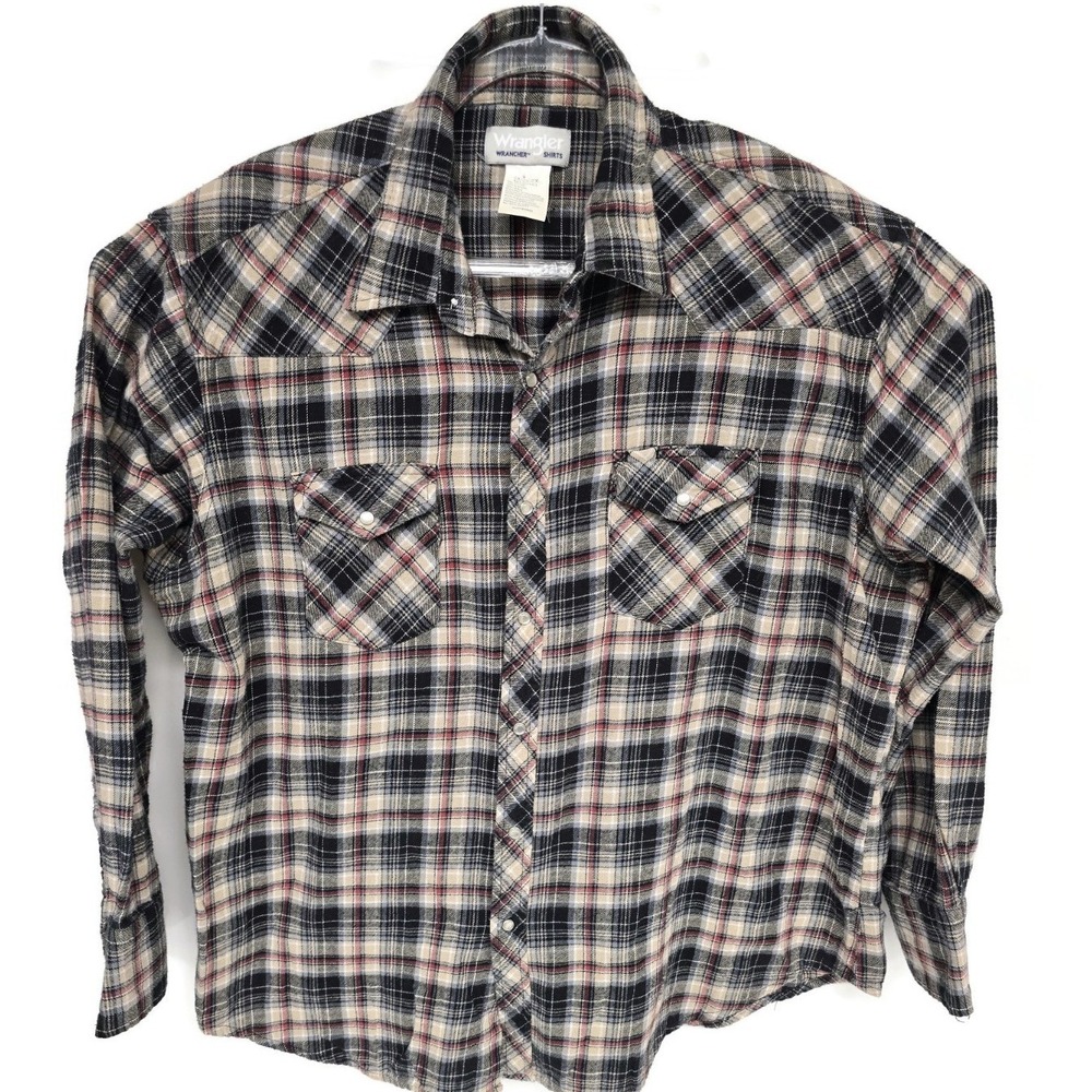 Wrangler Wrancher Mens Flannel Pearl Snap Shirt Black Long Sleeve Plaid 2XL